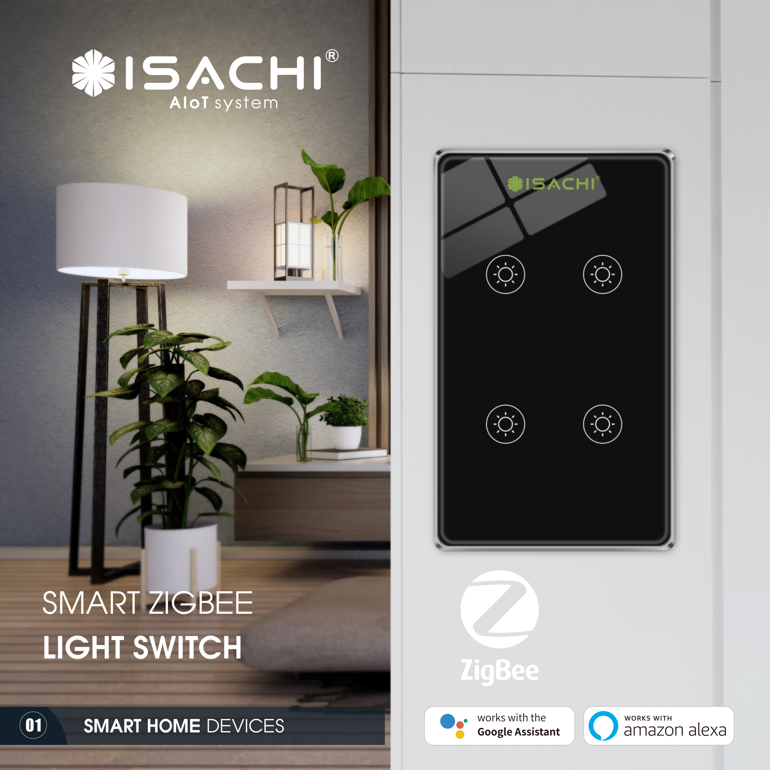 Công tắc cảm ứng thông minh Zigbee SC-Z4LS. Màn hình bằng kính cường lực cảm ứng điện dung, dễ dàng lắp đặt và thay thế. Điều khiển từ xa bằng giọng nói hoặc ứng dụng di động, có thể điều khiển bằng giọng nói qua Google Assistant hay Amazon Alexa.